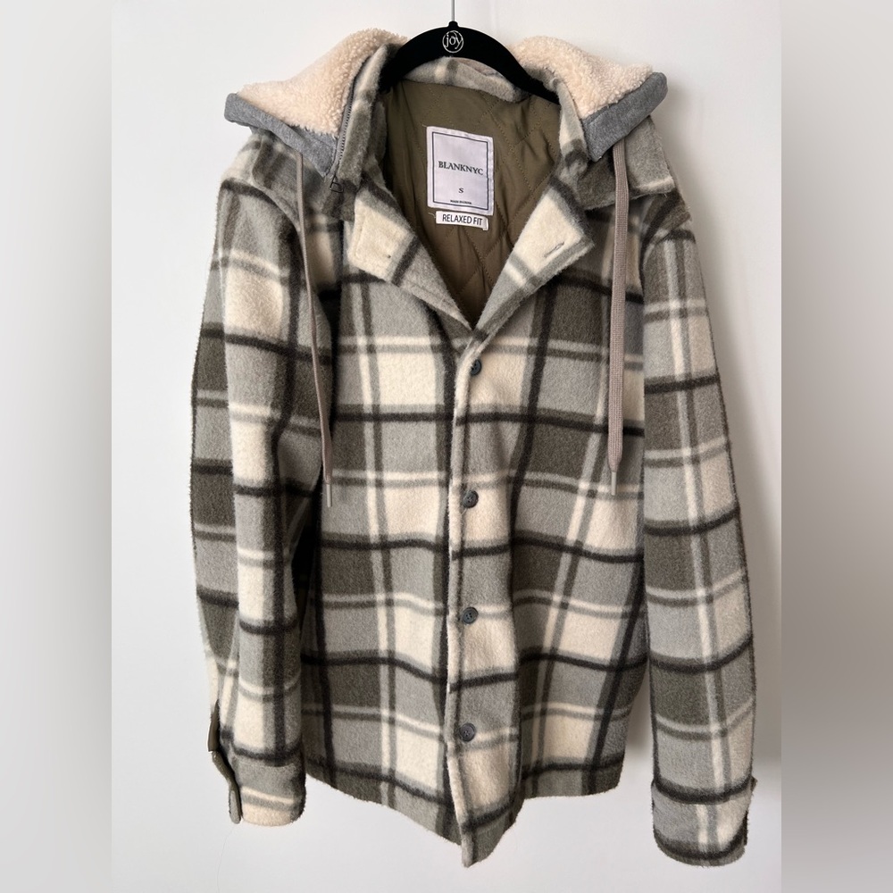 BlankNYC Plaid Hooded Flannel Jacket with Sherpa Lining